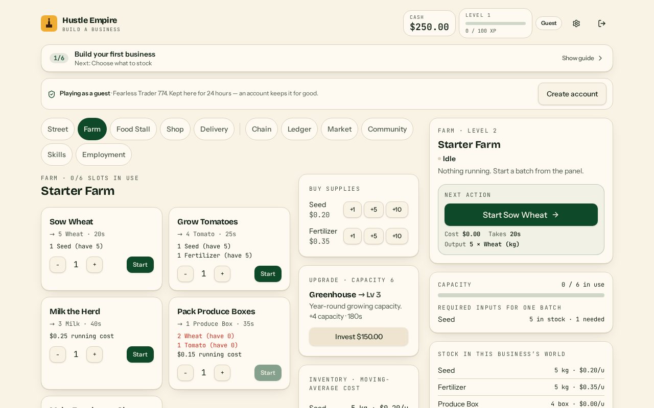 A business workspace: the recipe list with time and cost per batch, current stock, and the produce button.
